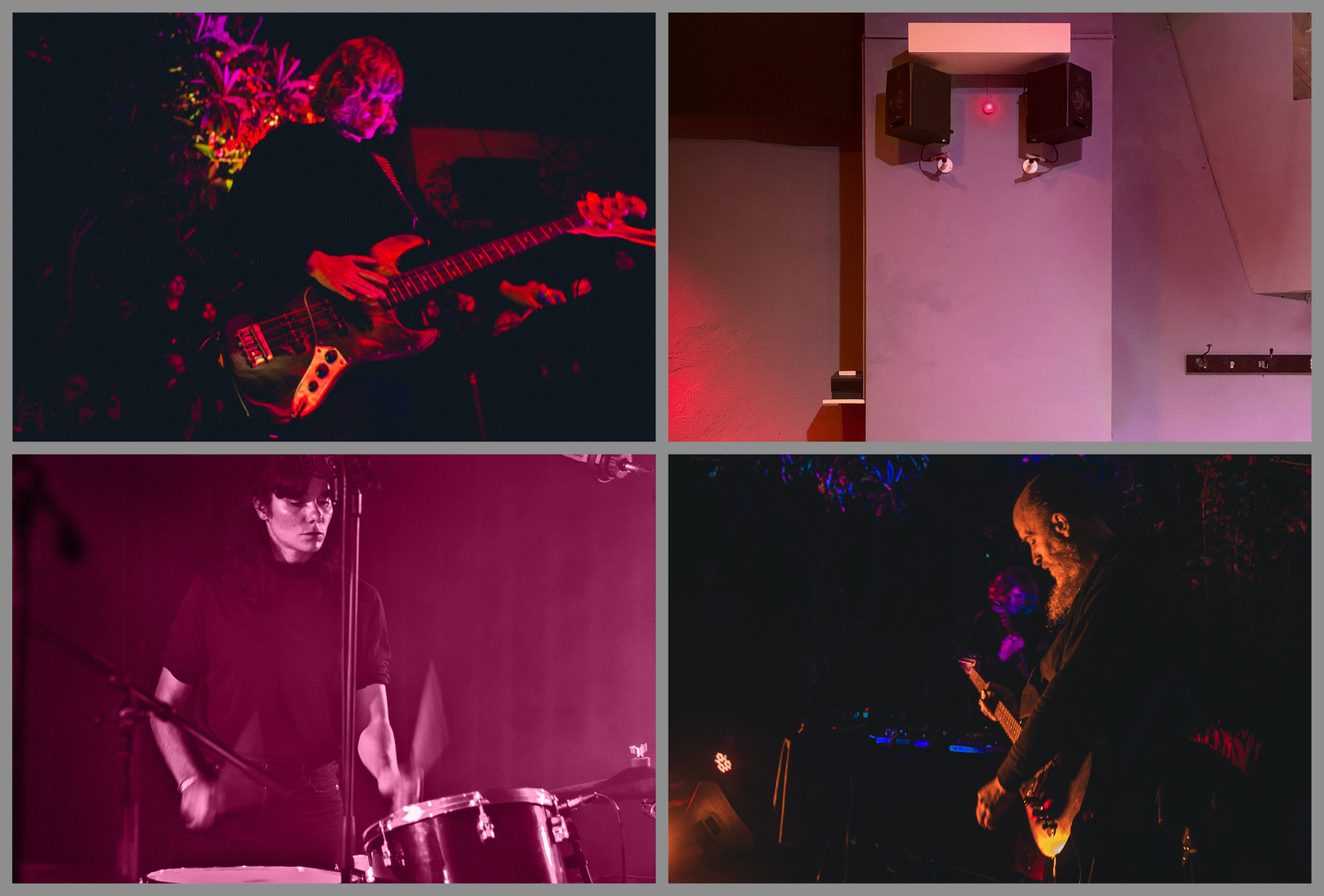 A grid of four photographs, showing, clockwise from top left: Leah Buckareff playing bass, Minute/Year as installed at ausland (speakers and microphones visible against a wall illuminated by red lights), Aidan Baker playing guitar, and Ángela Muñoz playing drums.